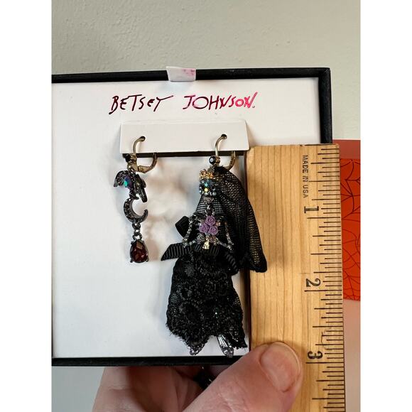 Betsey Johnson Dark Magic Mismatch Drop Earrings Skeleton Bride & Bat Moon - Picture 5 of 5